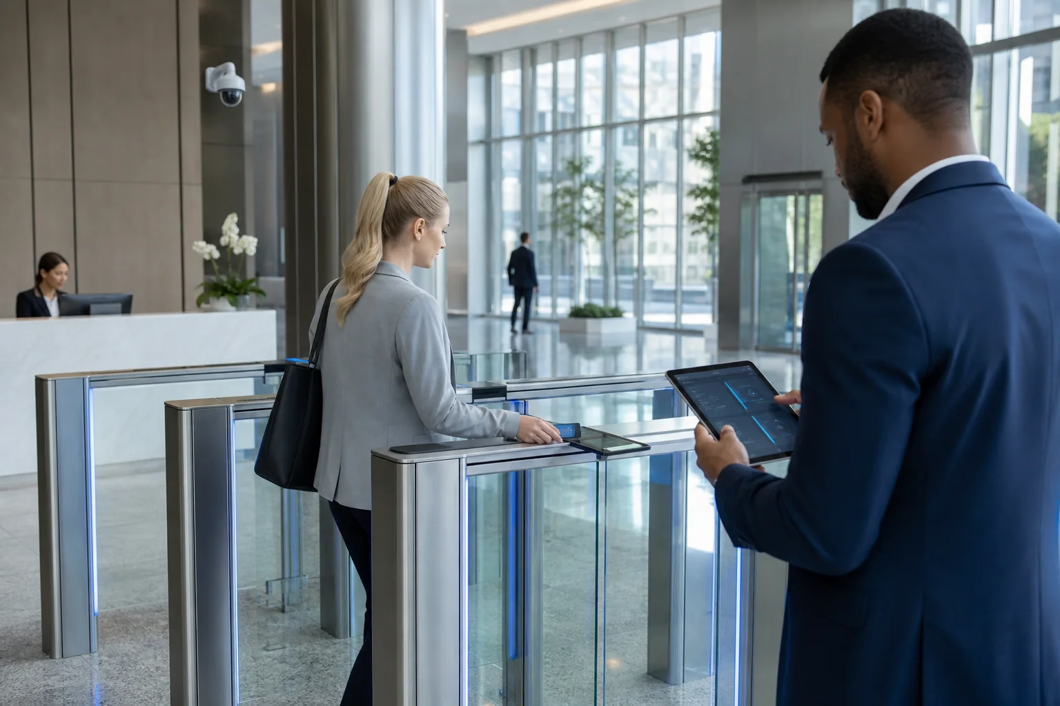 Administrator monitoring secure employee access at a business entrance