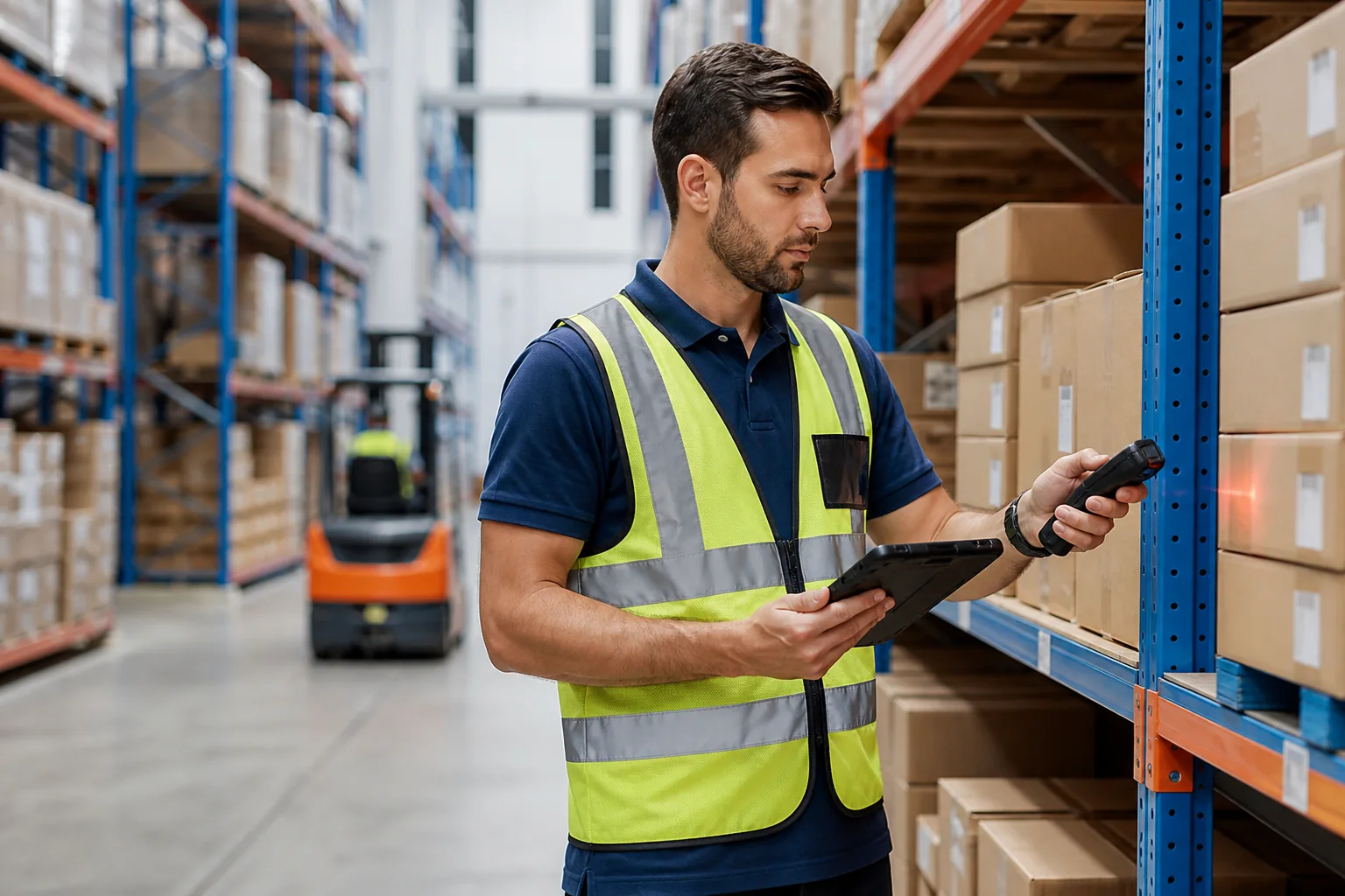 Warehouse worker managing inventory with a scanner and tablet
