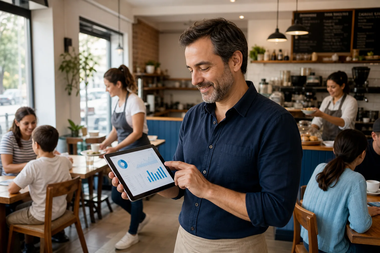 Neighborhood café owner reviewing restaurant operations on a tablet