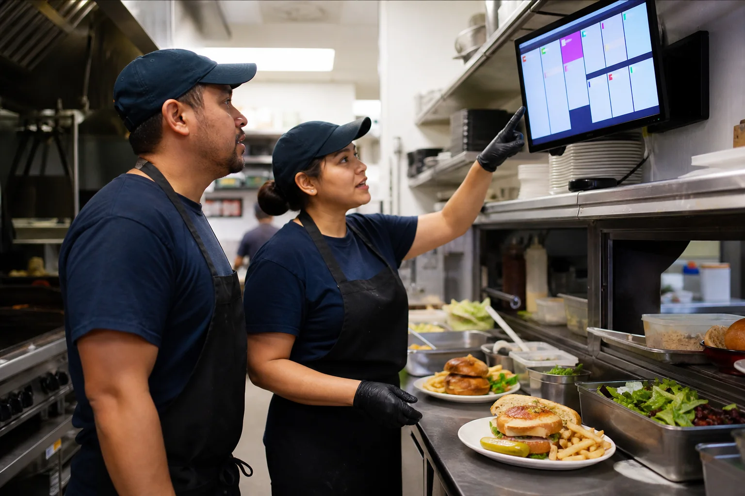 Cocineros de un restaurante casual coordinando comandas en pantalla
