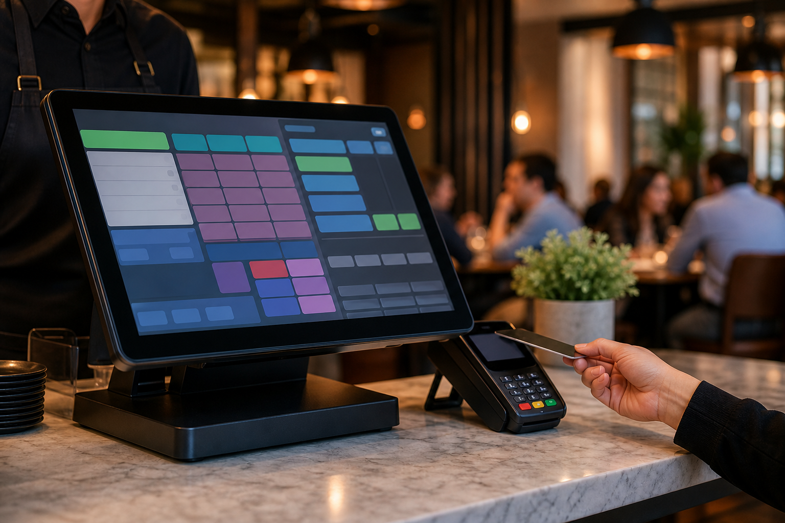 Equipo de restaurante usando tecnología para administrar su operación