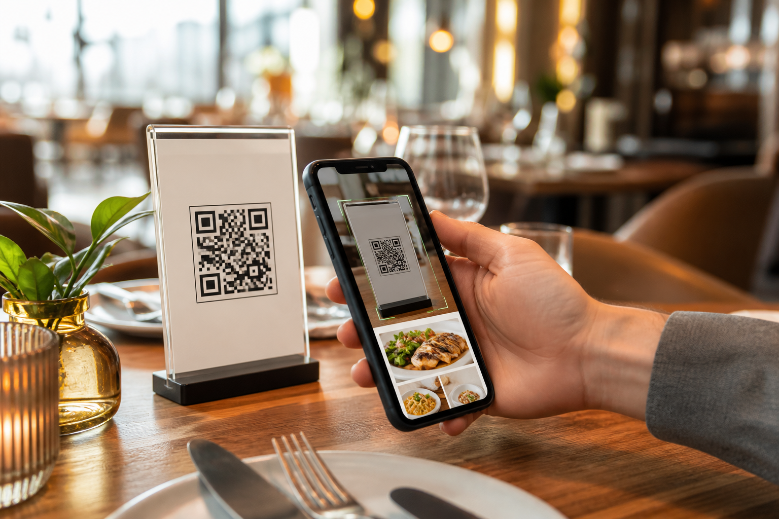 Customer scanning a restaurant QR menu at the table