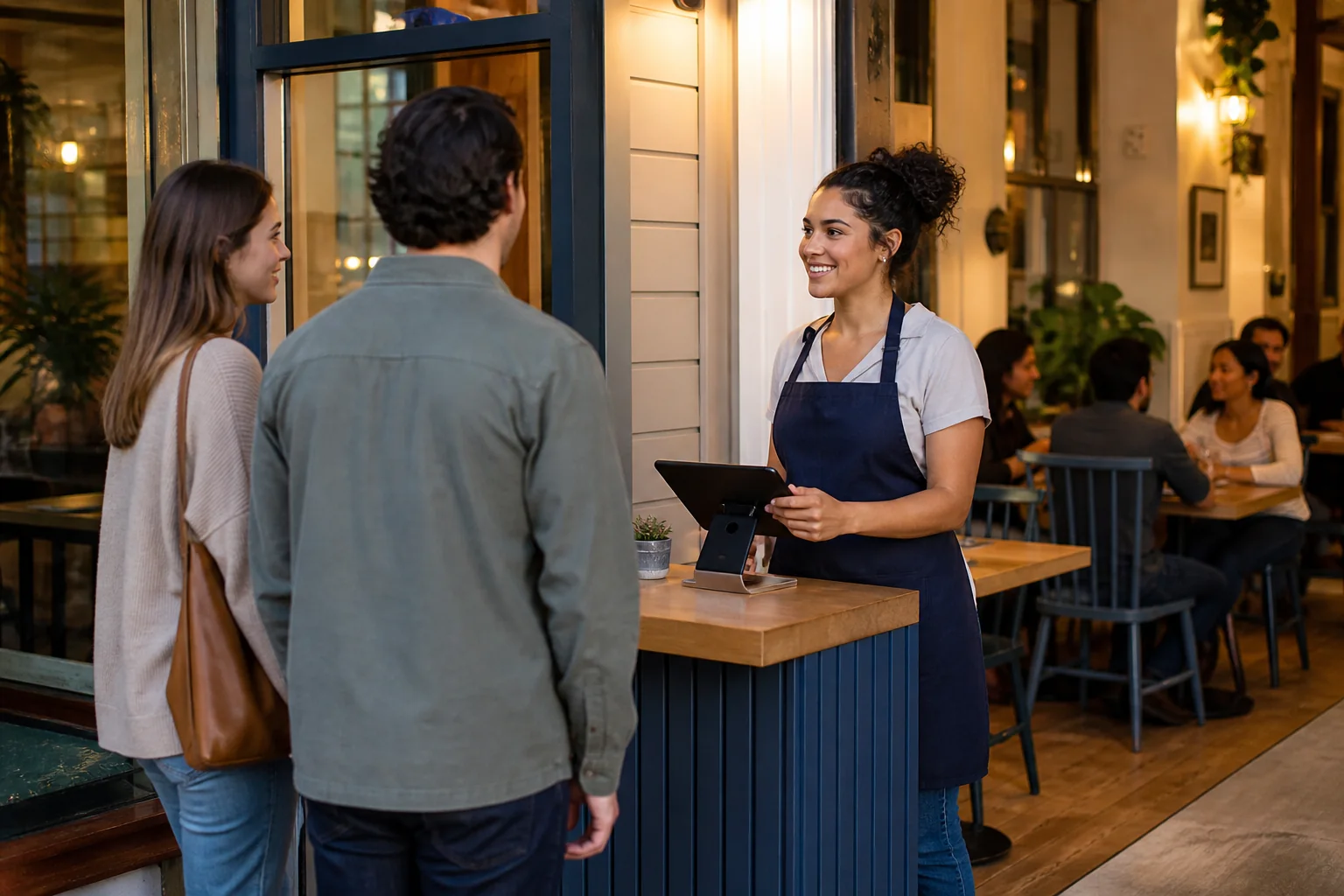 Anfitriona recibiendo clientes en un restaurante casual de barrio